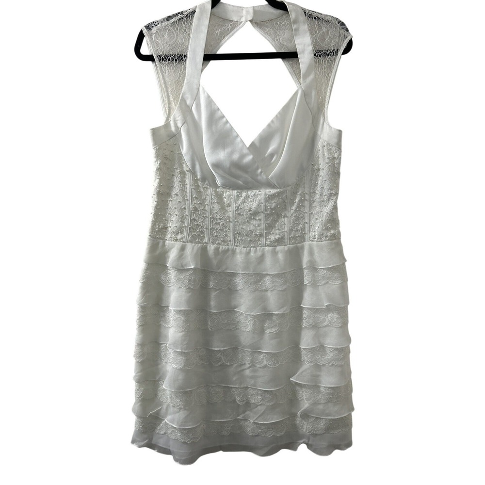 One by Eight White Lace Beaded Tiered Ruffle Cocktail Dress 12 Open Back‎ NEW